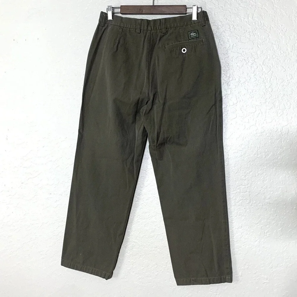 Vtg LACOSTE Pants Mens 34 Preppy Olive Brown Chino Slacks Pleated Front Academia